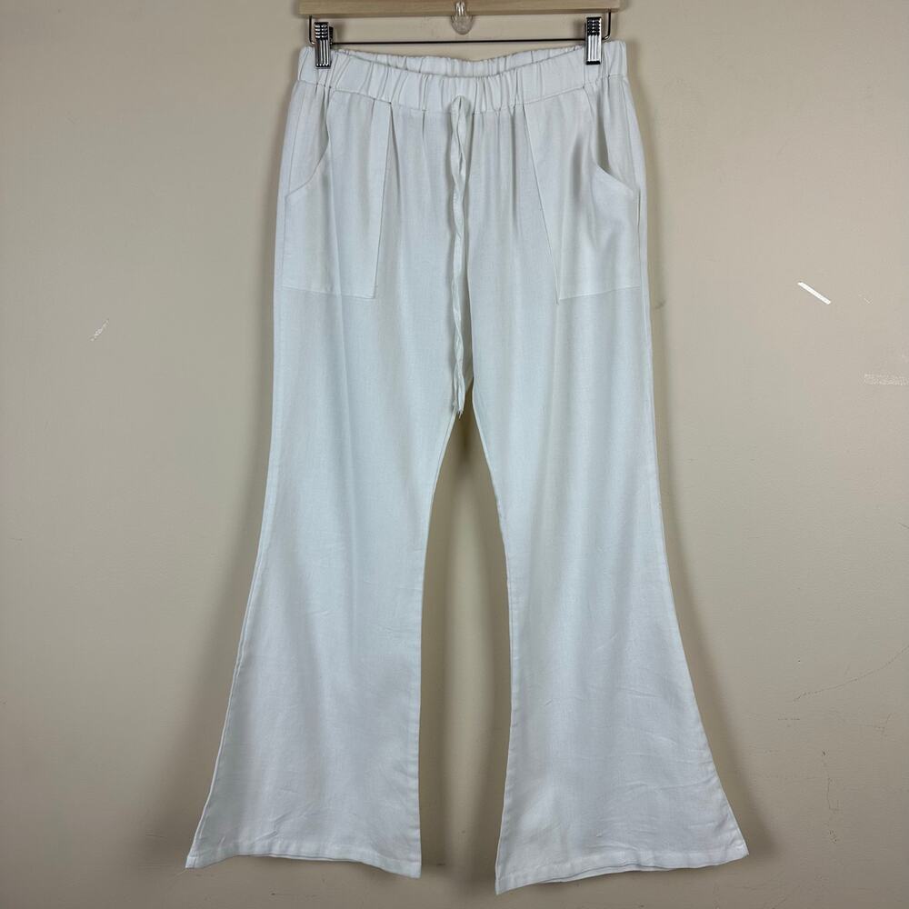 Womens White Linen Blend Wide Leg Flare Pants Size L Coastal Resort Summer Swim - Picture 1 of 11